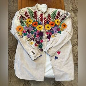 Embroidered and sequined wildflower sweater jacket in linen color. Handmade